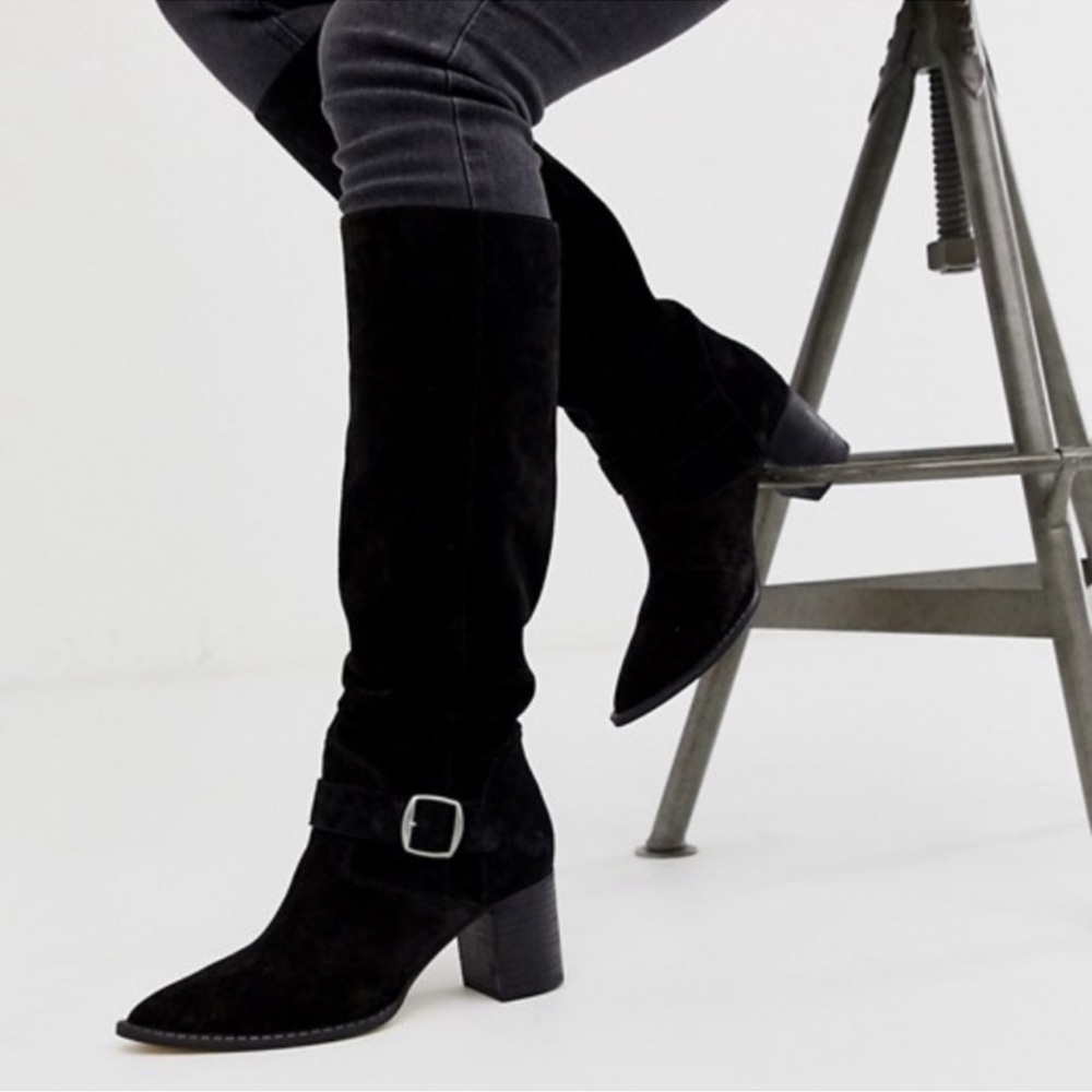 FREE PEOPLE BLACK SUEDE DAHLIASLOUCHY‎ HIGH BOOTS W BUCKLE SIZE 6